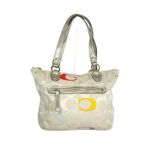 Coach Vtg Poppy 23521 Monogram Beige Metallic Jacquard Leather Medium Handbag